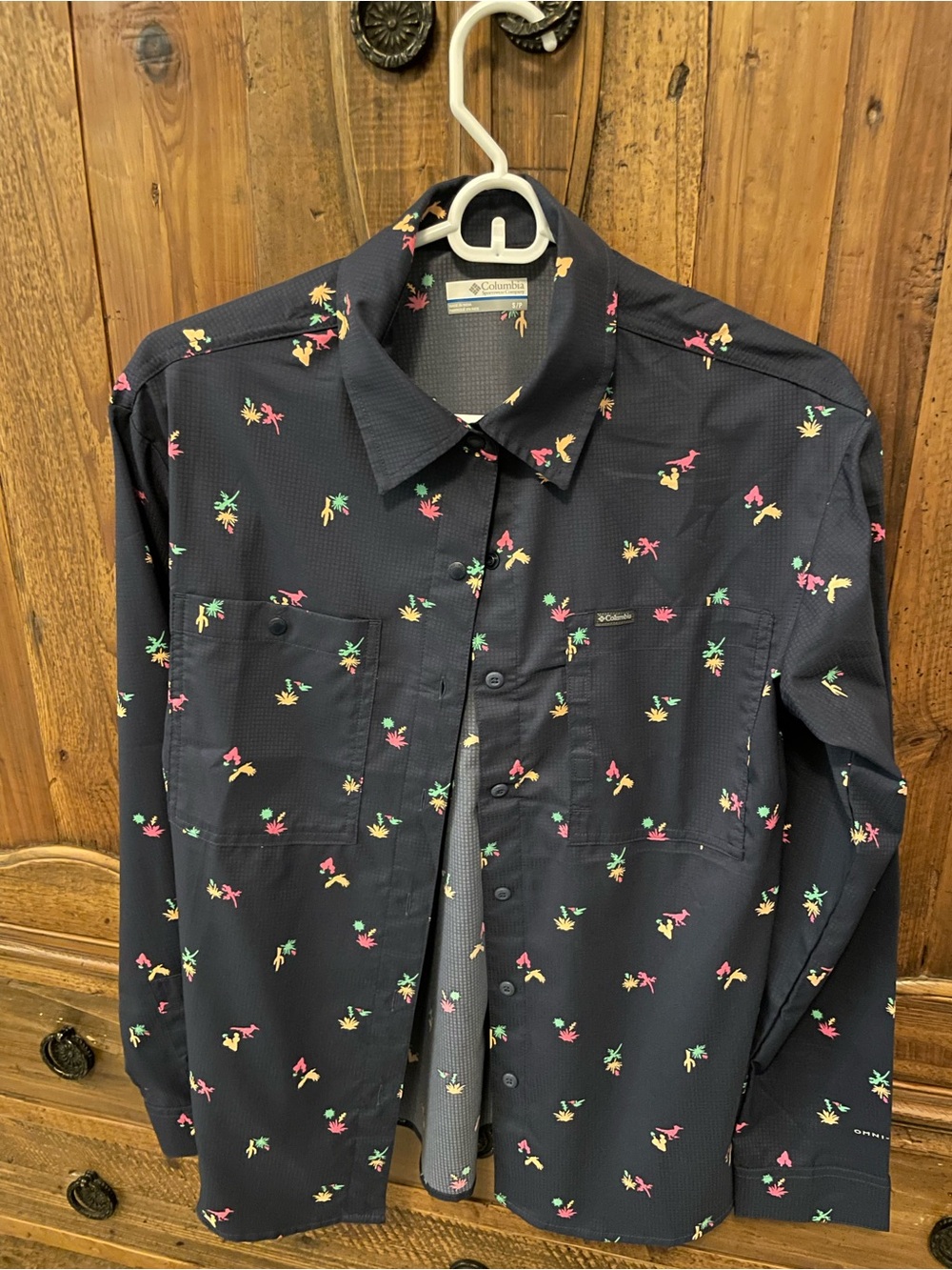 Columbia Navy Button-Down Shirt with Pink, Yellow & Mint Accents